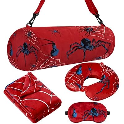 Moukeren 4 Pcs Spider Travel Pillow and Blanket Set Travel Airplane Essentials with Memory Foam Neck Pillow Fleece Blanket Eye Mask and Storage Bag for Boys and Girls Sleeping Use (Spider Web)