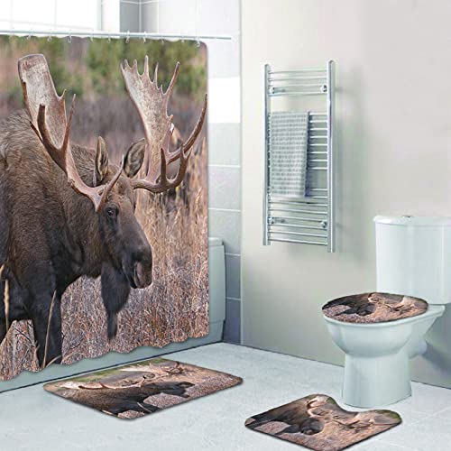 Duschvorhang Tierische Elche Badezimmerteppich 4-Teiliges Set, Duschvorhang 180x180 Polyester+Badematte rutschfeste…