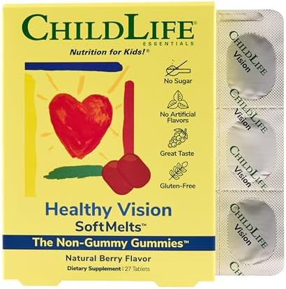 CHILDLIFE ESSENTIALS Healthy Vision SoftMelts – Eye Vitamins for Kids, Lutein Gummies, Lutein and Zeaxanthin Supplements, Eye Health Gummies, Lutein Children, Great Taste – Natural Berry, 27 Tablets