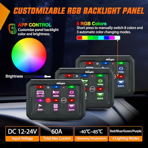 Image of Nilight 6 Gang Switch Panel APP RGB 12V 24V Circuit Control System 4-Mode