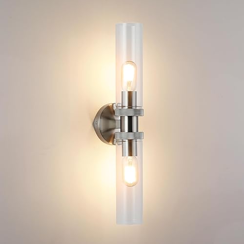 2 Light Bathroom E26 Vanity Light Brushed Nickel, Bathroom Light Fixtures Side Mirror, Vintage Wall Lamp for Bedroom, Modern Bedroom Vanity Lighting Fixtures with Glass Shade