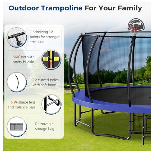 Tatub 16FT Upgrade Pumpkin Trampoline for Kids and Adults, Outdoor Recreational Trampolines with Basketball Hoop & Enclosure Net, Curved Poles & Storage Bag, Blue