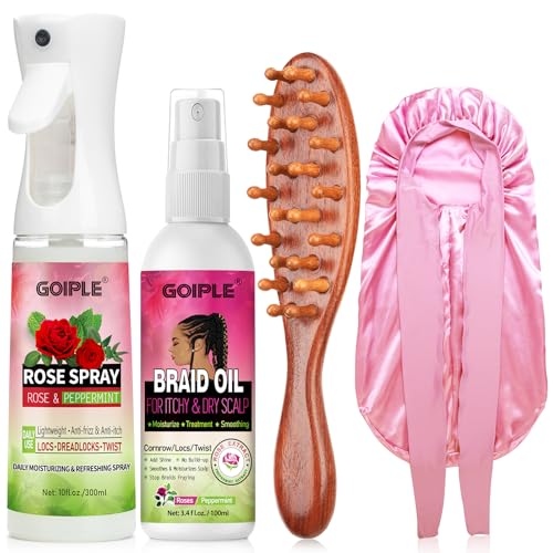 Rose Water for Hair Loc Spray Refreshing for Locs - Braid Oil for Soothes Moisturizes Dry & Itchy Scalp Braiding Scalp Oil for Twists - Loc Brush for Dreads Comfortable Massage Comb & Braid Bonnet