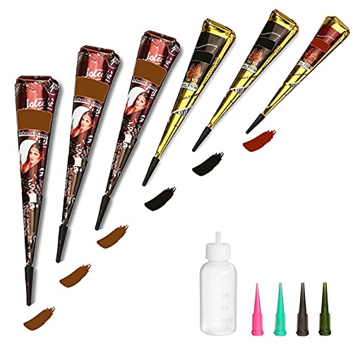 Temporary Tattoos Kit, 6Pcs Semi Permanent Tattoo Paste Cones, India Body DIY Art Painting for Women Men Kids, Summer Trend hand Plaste with 3 Colors(1Pc Bottle,4Pcs Nozzles)20Pcs Adhesive Stencil