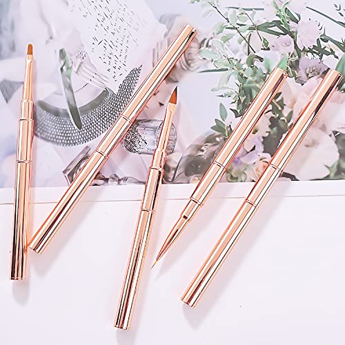 Jerclity 5Pcs Rose Gold Alloy Double-Ended Nail Art Brushes Set Nail Lace Brushes Round Flat Gel Builder Brush Nail Carving Pen Nail Liner Brush 3D Painting Brush Nail Design Tools For Acrylic Nails #TOP5