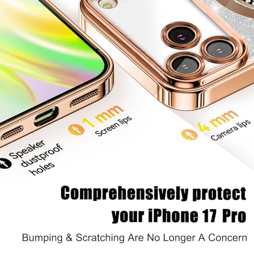 Image of Misscase for iPhone 17 Pro Magnetic Glitter Case Compatible with MagSafe,Full Protection Slim Shockproof Anti-Scratch Case with Camera Lens Protector Plating Bling Dust-Proof Net Gold