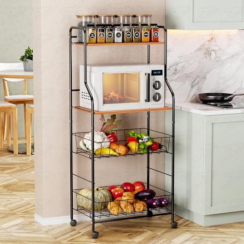 Image of Lukzer 4-Tier Kitchen Storage Rack & Microwave Oven Stand with Wheels Engineered Wood Shelf & Metal Wire Basket Rolling Cart for Kitchen Pantry & Home Organizer (Black & Oak Brown /41x56x126cm) CH-092