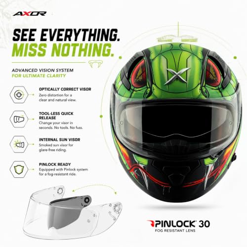 Image of Axor Apex Venomous ISI ECE DOT Certified Full Face Dual Visor Helmet for Men and Women with Pinlock Fitted Outer Clear Visor and Inner Smoke Sun Visor Dull Black Neon Green(M)
