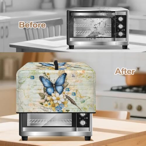 Image of Microwave Oven Dust Cover, Stain-Resistant Kitchen Electrical Appliance Cover Countertop Ovens Decorations, S, 18.25 x 14.5 x 11 Inches, Butterfly Flower Retro Letter Print