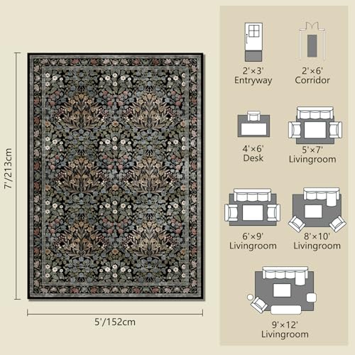 Image of Traditional Design Vintage Floral Area Rug 5 x 7,Washable Area Rugs - Perfect for Living Room, Bedroom, Pet & Child Friendly, Nursery - Stain & Water Resistant Non-Slip, Dining Room Decor