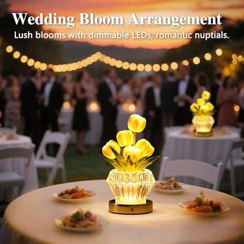 Image of Artificial Purple Tulip Flower Lamp Night Light with Crystal Vase, Gifts for Women Mom Grandma Girlfriend Birthday Christmas Valentines Mothers Day Bedroom Home Shop Cafe Decor