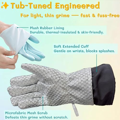 Image of Gentle Non-Scratch Bathtub Cleaning Brush Glove | Hot Tub Scrubbing Mitt for Fiberglass, Acrylic & Porcelain | Fabric Mesh Fast-Cleaning Tool, Bathroom Tub Brush