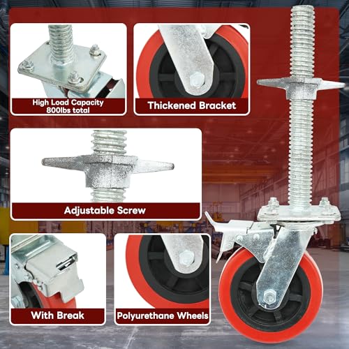 8 inch Scaffolding Caster Wheels with Brake 4 Pack 1-1/4" OD Scaffold Screw, 21" Hight Screw Adjustable Leveling Scaffolding Wheels by Nisorpa - Image 5