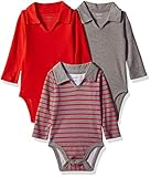 Hanes unisex baby Ultimate Flexy 3 Pack Long Sleeve Polo Bodysuits Bodystocking, Red/Grey Stripe,...