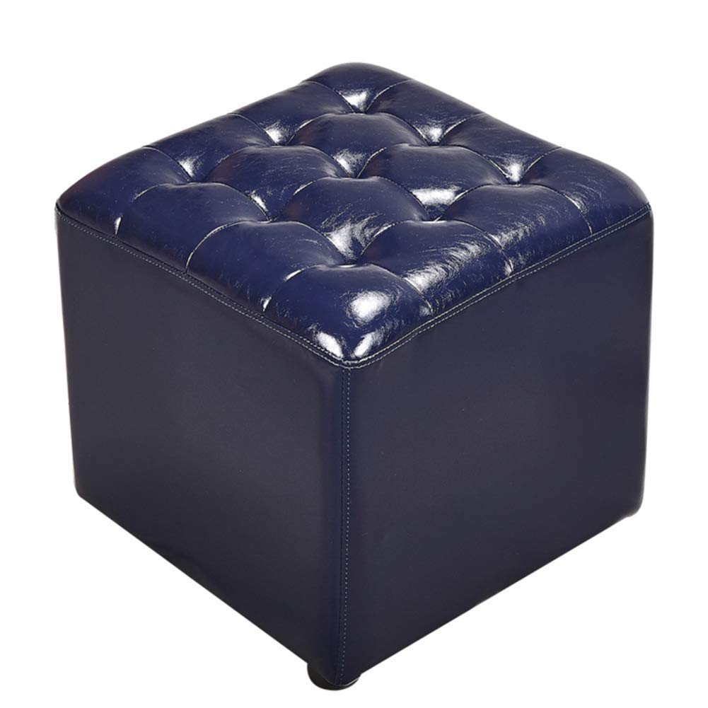 LMMIAOZ Blue Leather Upholstered Cube Pouf Footstool Solid Wood Square Coffee Table Small Bench 16x16x14inch