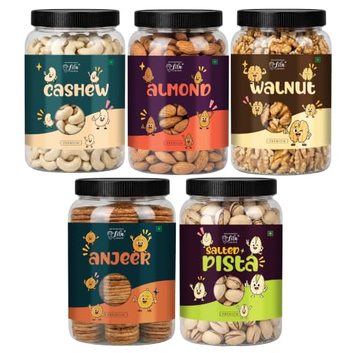 Image of LILA DRY FRUITS Dry Fruits Combo Pack Almonds, Cashews, Walnuts, Pistachios & Anjeer 100 Gms x 5 Mixed Dry Fruits for Daily Snacking Perfect for Gifting