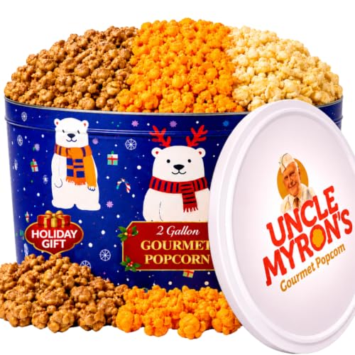 Uncle Myron's Christmas Popcorn Tin - Holiday Popcorn Tin 3 Flavors - 2 Gallon, Caramel, Cheddar...