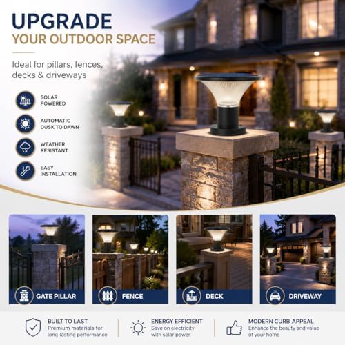 Solar Post Cap Lights, 4400mAh Solar Post Lights Outdoor with 5V 8W Round Mono Panel, 3 Color Modes, IP65 Waterproof Aluminum Fence Post Solar Lights for Garden Patio Deck Driveway, Fit Most Posts - 4