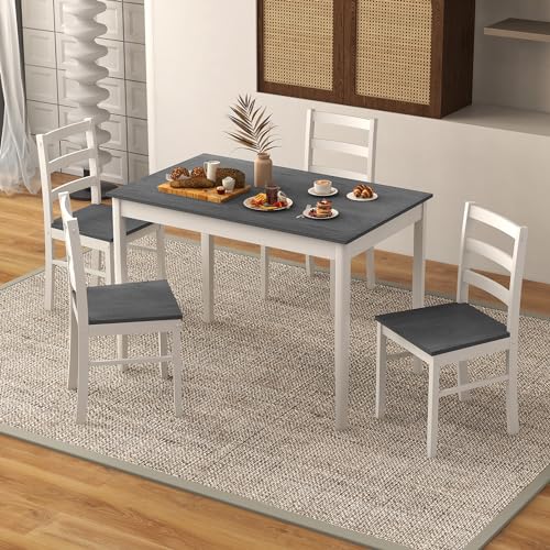image for COSTWAY Dining Table Set for 4, Wood Kitchen Table Chairs Set with Rub