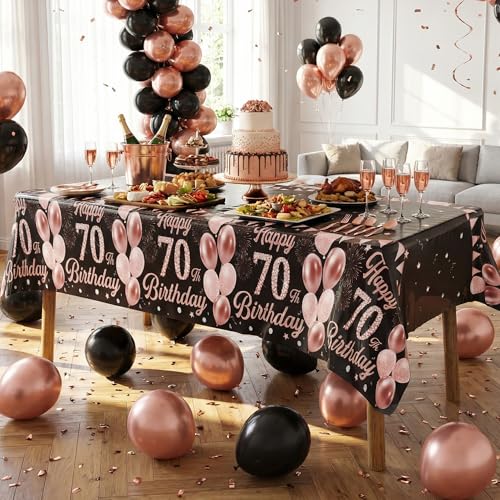 Image of Labeol 3 Pack 70th Birthday Decorations for Women - Happy 70th Birthday Tablecloth, Black and Rose Gold 70th Birthday Table Cover, 54 x 108 Inch Rectangular Disposable Party Supplies