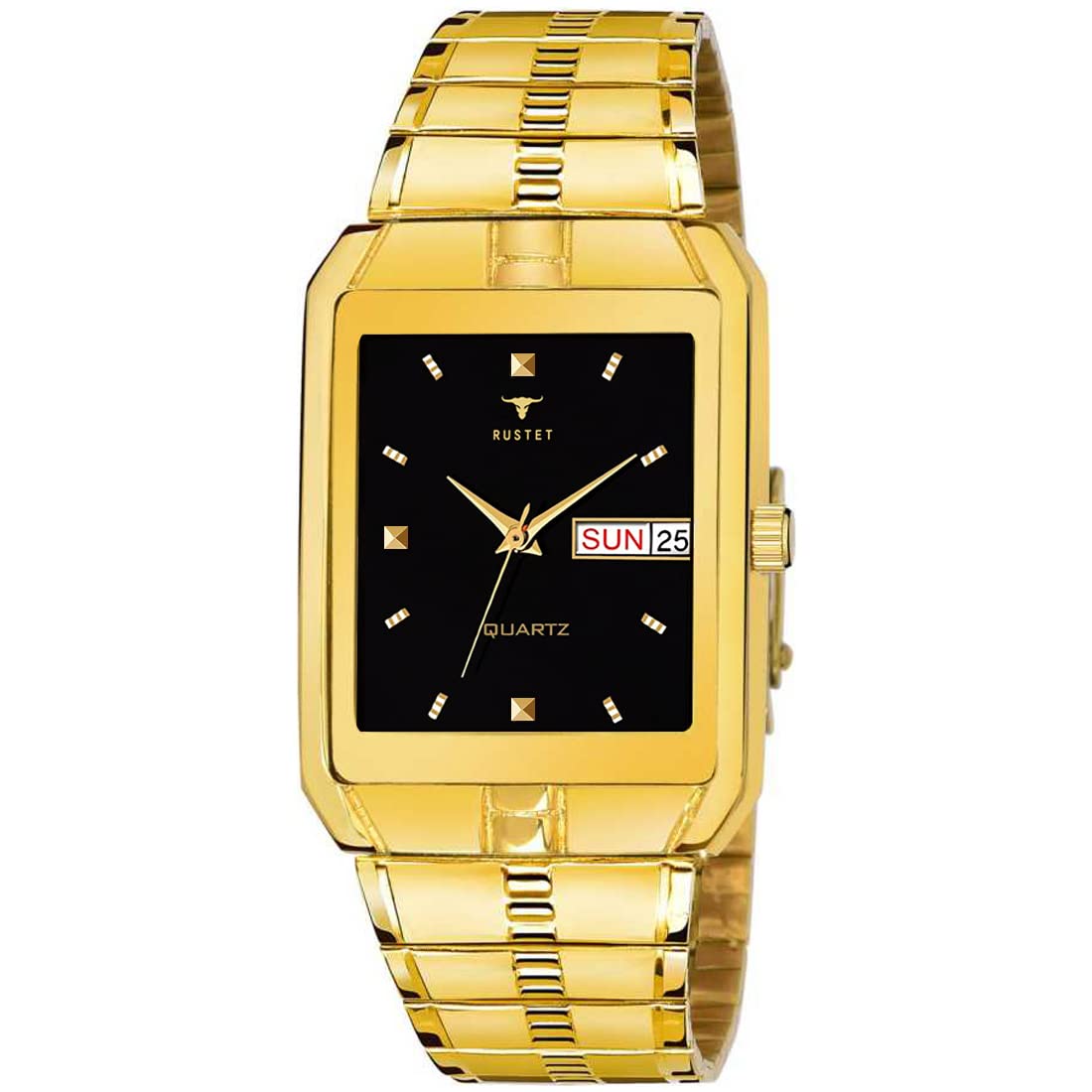 RUSTET Stainless Steel Analogue Waterproof Mens Day And Date Watch (Gold Square Dial Gold Strap,Igp) (Black) (B09QXL5TR8) Amazon Price History, Amazon Price Tracker