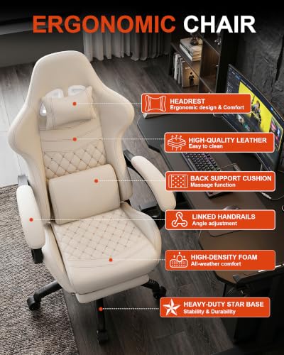 Image of Gaming Chair with Massage and Footrest, Big and Tall Ergonomic High Back PU Leather Computer Office Chair for Heavy Adults, Supports 350LBS, Ivory
