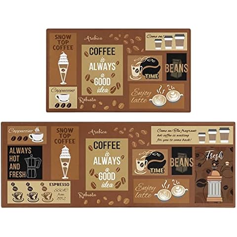 Xsinufn Coffee Kitchen Rugs Set 2 Piece,Kitchen Rugs and Mats Non Skid Washable Runner,Farmhouse Kitchen Sink Rugs Seasonal Holiday Party Low-Profile Mats for Home Kitchen(Brown 17"x48"+17"x30") Cover