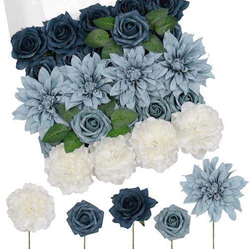 TINGE TIME Dusty Blue Rose Flowers, 23pcs Artificial Flower for Decoration Fake Rose with Stem for DIY Wedding Bouquets, Centerpieces, Bridal Shower, Party, Flower Arrangements Decorations