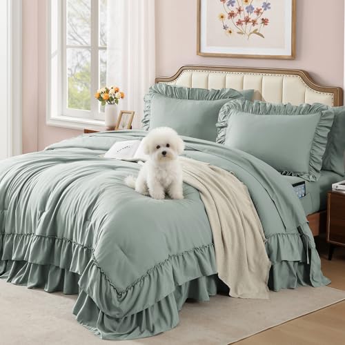 Image of Full Size Comforter Set Sage Green Ruffle 7 Pieces Farmhouse Bed in a Bag | Shabby Chic Fluffy All Season Bedding Sets with Sheets, Pillowcases & Shams