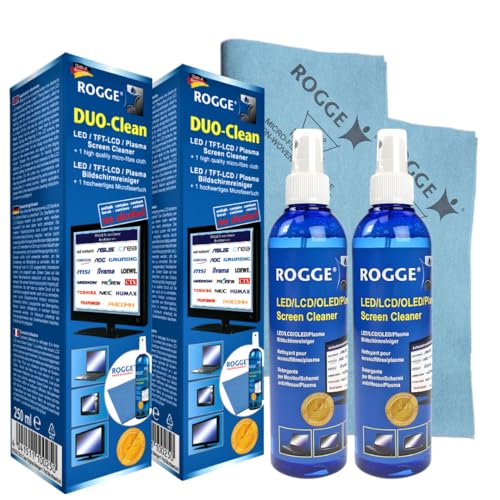 Rogge Duo-Clean Original Lot de 2 nettoyants d'écrans plasmas tactiles TV LCD TFT LED 250 ml chacun + 2 chiffons en microfibre professionnels Rogge 38 x 40 cm...