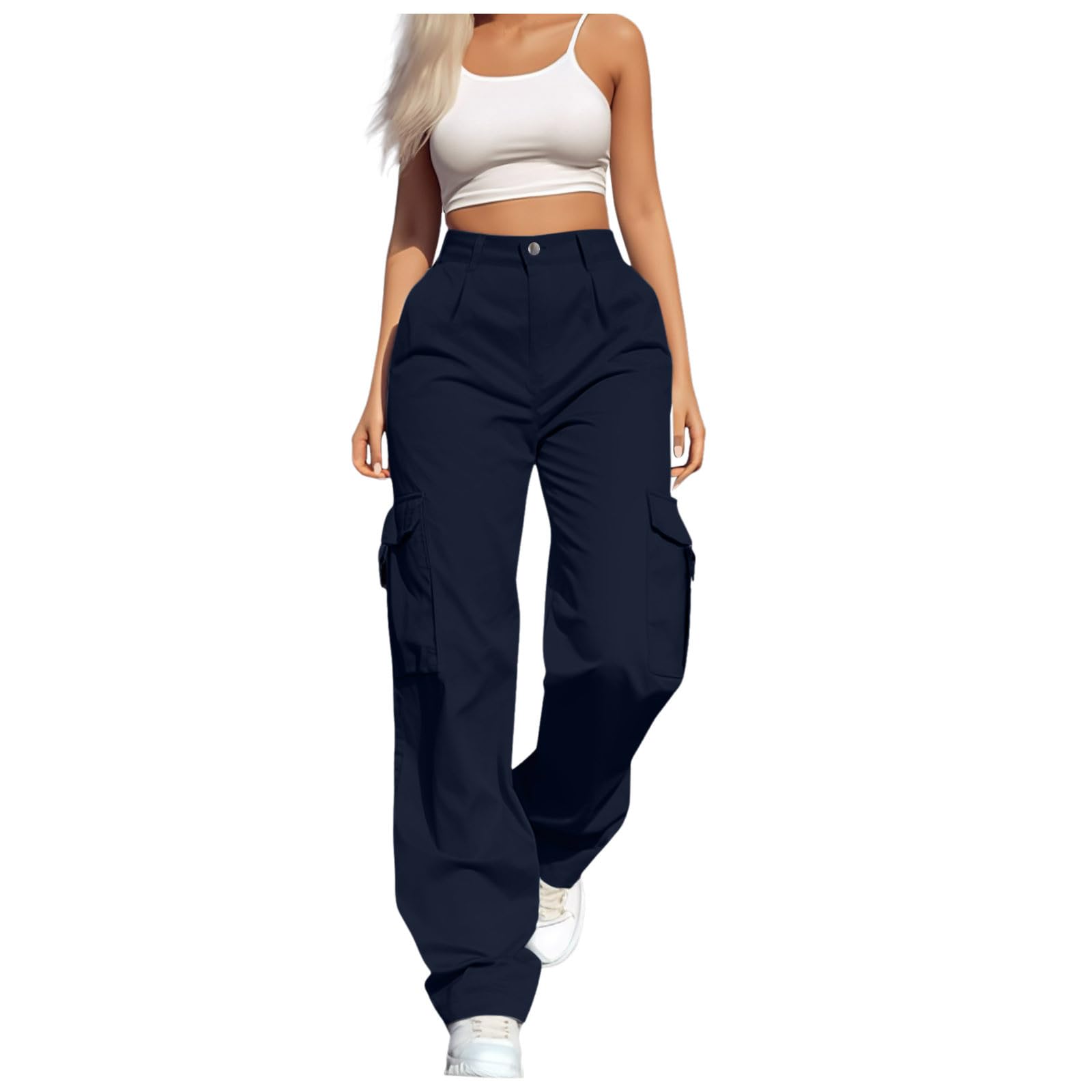 Pantalon Cargo Femme Coton Taille Haute Grande Taille Elastique Pantalon Militaire Été Léger Respirant Baggy Y2K Pantalons de Randonnée Jogging Sport Extérieur Trekking Travail avec Poches