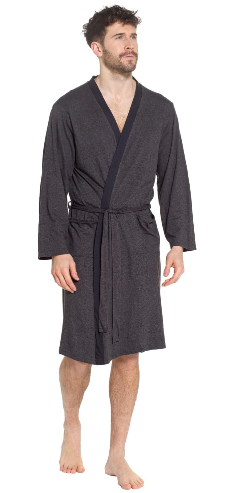 Mens Dressing Gown Jersey Robe with Pockets M to 4XL Lightweight Kimono Style (Charcoal - 3XL)