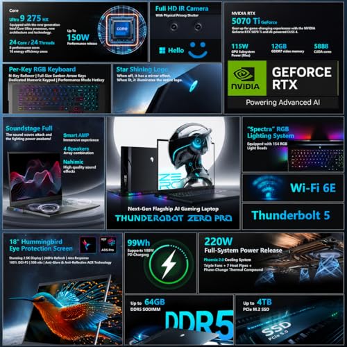 Image of Thunderobot Zero 18 Pro 5070 Ti Gaming Laptop, 18 inch QHD+ 240Hz Hummingbird Display, Core Ultra 9 275HX, GeForce RTX 5070 Ti, 32GB DDR5, 2TB SSD, Per-Key RGB, FHD IR Camera, Wi-Fi 6E, Win 11 Home