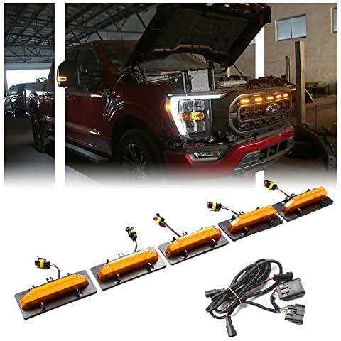 [Upgrade] 5 PCS LED Grille Light Fit for Ford F150 2021 2022 XL XLT, [with Plug & Play Wiring Harness] Original Grille Amber Accent Lights, Grill Decor Running Lights Accessories Set - Amber Light Cover