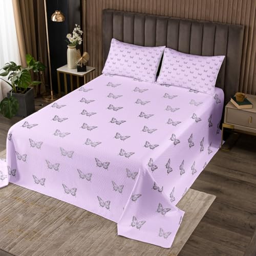 Homewish Butterfly Print Bedspread Twin Size,Wild Animals Bedding Sets 2Pcs for Kids Girls Teens Woman Room Decor,Purple Girly Comforter Set Flying Butterfly Quilt Coverlet,1 Pillowcase