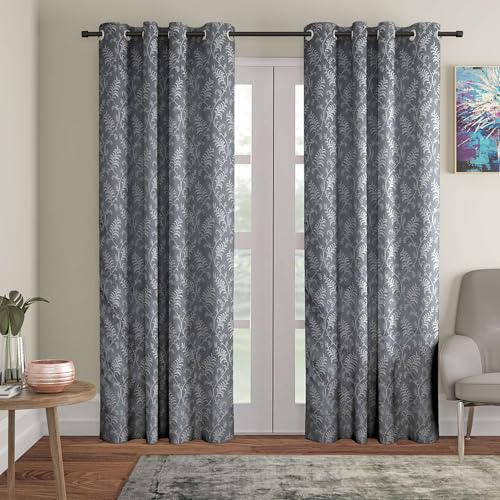 Image of STITCHNEST Fern Leaf Jacquard Door Curtain - Grey, 7 Feet, Grommet Top - Pack of 1 Stylish Curtain for Bedroom & Living Room