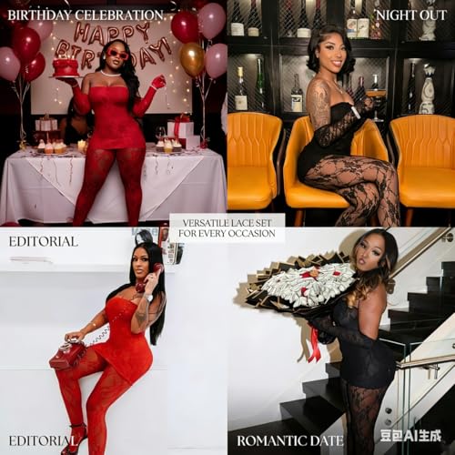Image of Kafiloe Sexy 2 Piece Outfits for Women Clubwear Lace Tube Mini Dress Top with Stockings Set Birthday Outfits