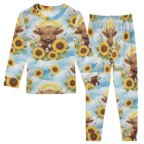 Pajama Sets Long Sleeve Cute Highland Cow Pattern Soft Comfy Sleepwear 2 Piece PJS 3-8T