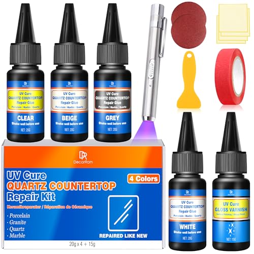Kit de réparation pour carrelage, 4 couleurs (blanc, beige, gris, transparent) - Durcissement UV - Émail et céramique - Séchage rapide pour la réparation du granit, des baignoires, du quartz et de la