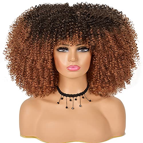 Curly Wigs for Black Women Short Afro Wigs with Bangs Black Kinky Curly Afro Wig Natural Color Bomb Synthetic Hair Wig 14 Inch Shoulder Length Cheap Wigs (ombre brown)