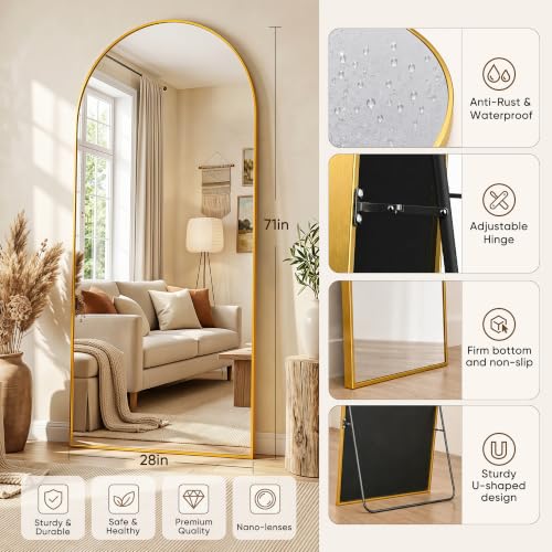 Image of Full Length Mirror, 71 inchx28 inch Arched Floor Mirror Freestanding, Floor Standing Full Body Mirror with Stand for Bedroom, Hanging Mounted for Living Room Cloakroom