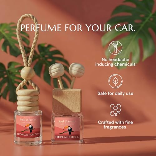 Image of Soul & Scents 16ml Luxury Car Perfumes Raspberry | Tropical Horizon | 2-in-1 Hanging Pod & AC Vent Air Freshener | Premium Wooden Car Fragrance Accessory | Long Lasting Odour Eliminator | Pack of 2