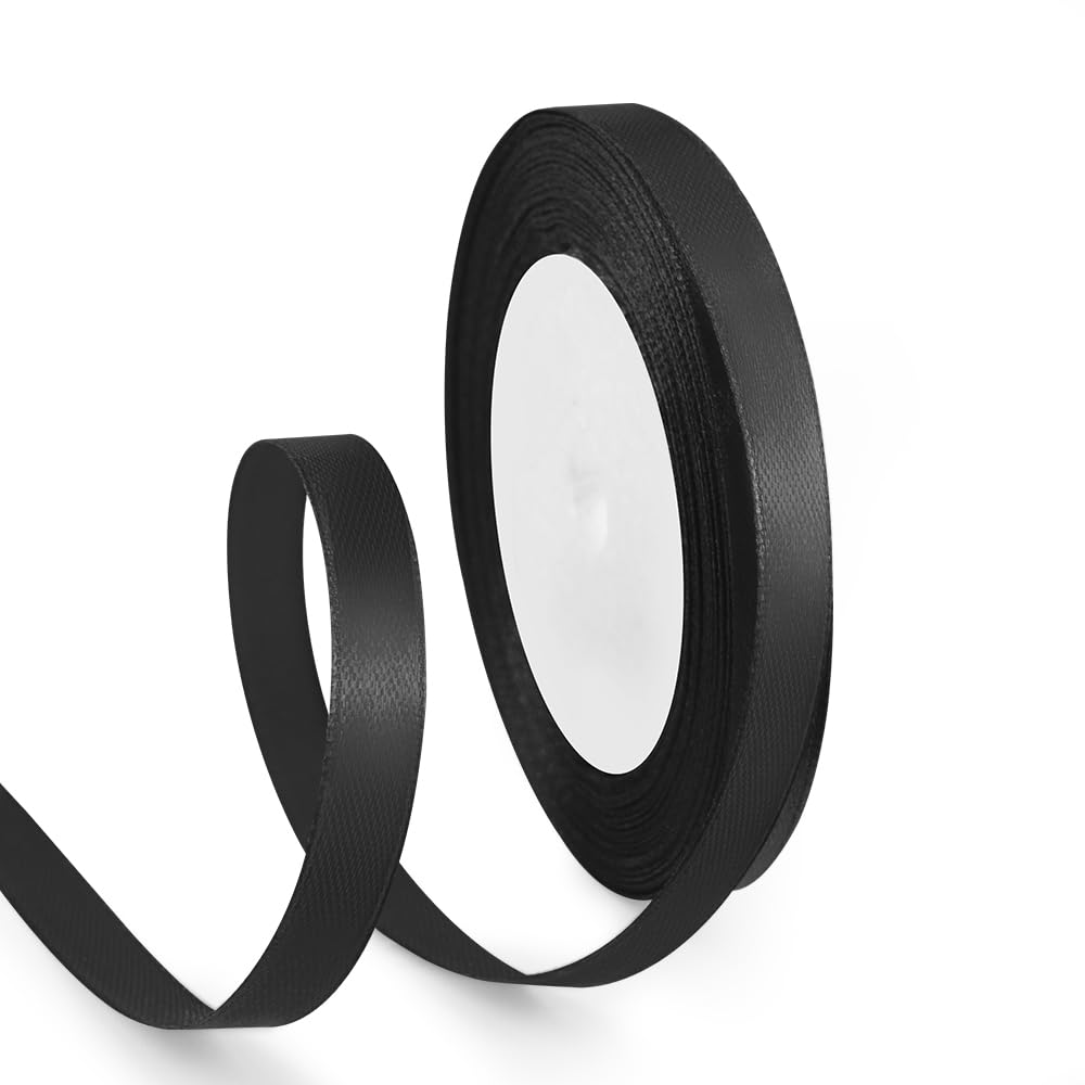 HimBen 3/8 Inch 25 Yards Satin Ribbon Black, Solid Color Fabric Ribbon for Gift Wrapping, Wedding, Polyester Gift Ribbon for Birthday Party Decoration