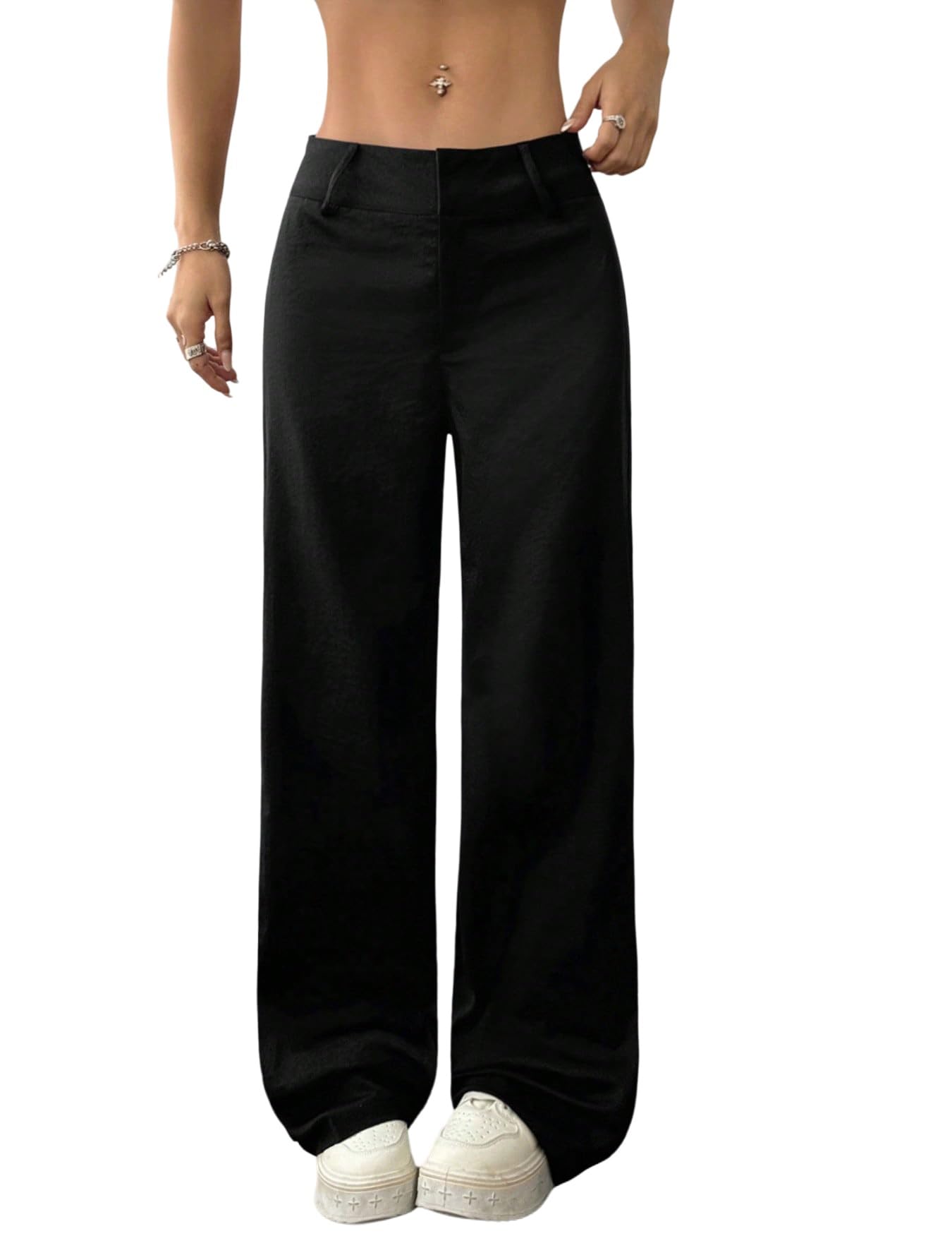 GORGLITTER Pantaloni da donna a gamba larga, eleganti, lunghi, a vita bassa, con chiusura lampo, per il tempo libero