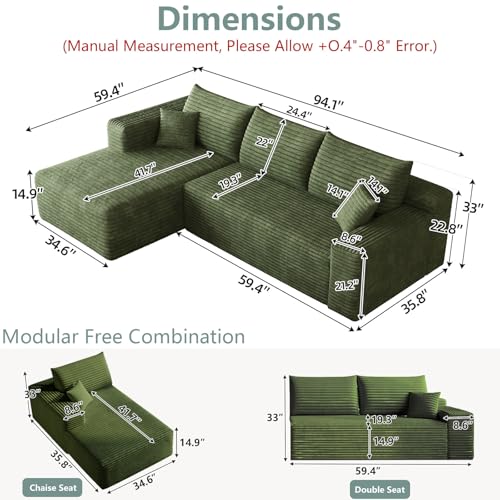 Image of 95 inch Modular Sectional Sofa, Modern Corduroy Cloud Couch with Side Pockets, Boneless Couch Upholstered 3-Seater L-Shaped Sofa for Living Room, No Assembly Required (Green,Left-Facing Chaise)