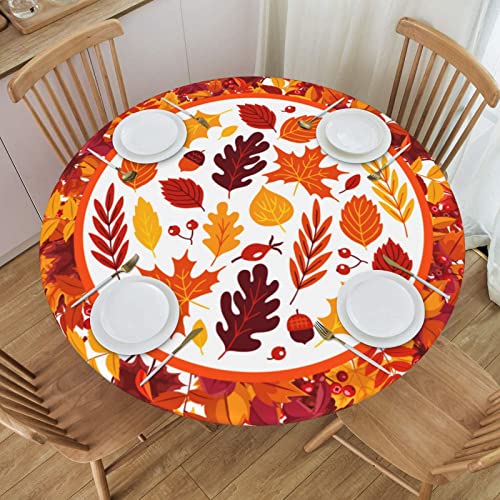 Fall Autumn Maple Leaves Round Tablecloth Elastic Fitted Table Cover Washable Elastic Edge Tablecloths for Kitchen Dining Party Fitted Table 45-50 inch