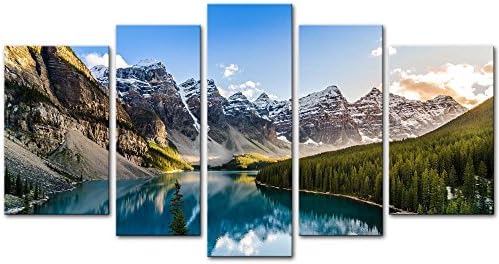 Wall Art Decor Poster Painting On Canvas Print Pictures 5 Pieces Moraine Lake And Mountain Range Sunset Canadian Rocky Mountains Landscape Framed Picture For Home Decoration Living Room Artwork