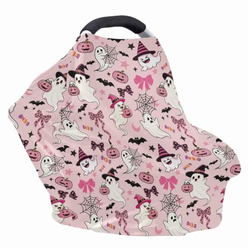 Image of Wanyint Infant Car Seat Cover Baby Carseat Scarf Stretchy Nursing Scarf Car Seat Canopy Breathable Nursing Cover for Boys Girls Halloween Decor, Cute Ghost Witch Bow Pink