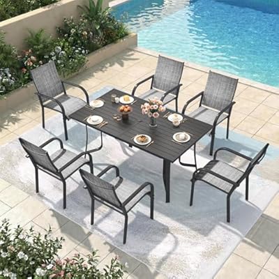 DSNAPE 7 Pieces Patio Table and Chairs Set, 63" Metal Dining Table with Umbrella Hole & 6 Textilene Fixed Chairs, Dining Table Set for 6, Outdoor Furniture for Porch Deck Backyard Balcony, Grey