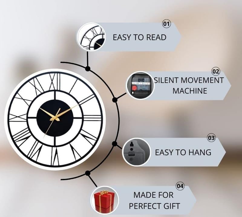 Image of PRAMUKH FASHION Wall Clock Stylish Metal Analog Wall Clock for Living Room, Bedroom, Office, Kitchen, Home and Hall | Antique Fancy Big Size Modern Wall Watch (ST-4 Black, 24 INCH)